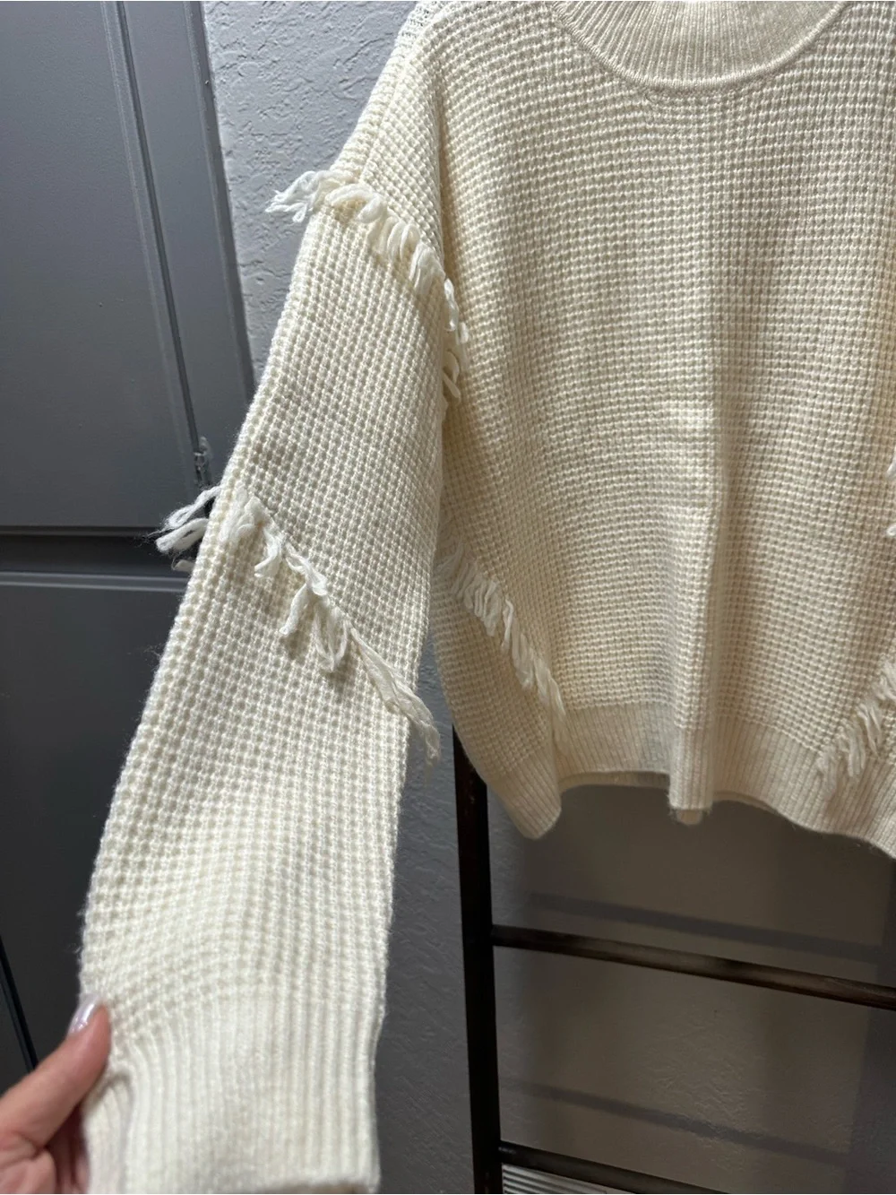 MICHAEL Michael Kors Cream Fringe Waffle Knit Turtleneck Sweater